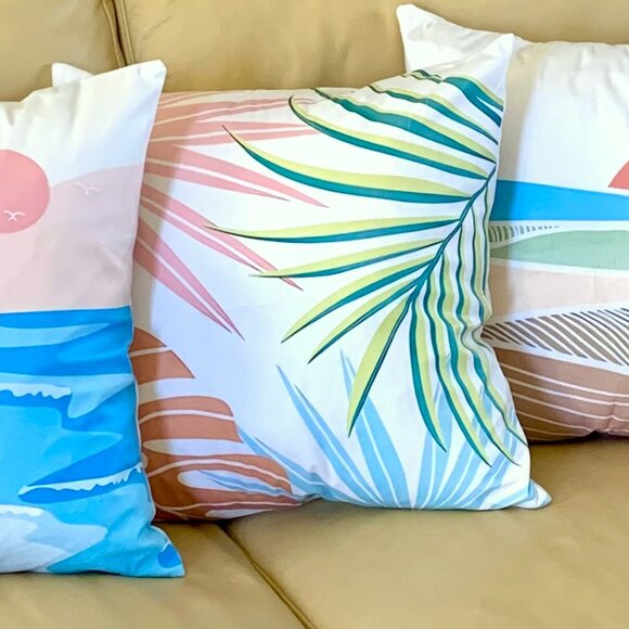 18" Pastel Beach Beachy Vibes Summer Ocean Tropics Tropical Leaves Pillow Covers - Picture 1 of 14